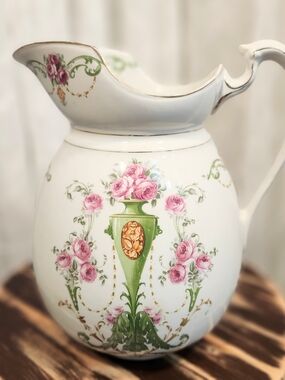 Vintage Ironstone Wash Pitcher - Farmhouse Decor - Pink Floral & Gold Gilt